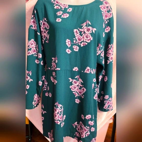 Leith Womens Teal Floral Long Sleeve Mini Dress Sz Medium - Picture 2 of 5